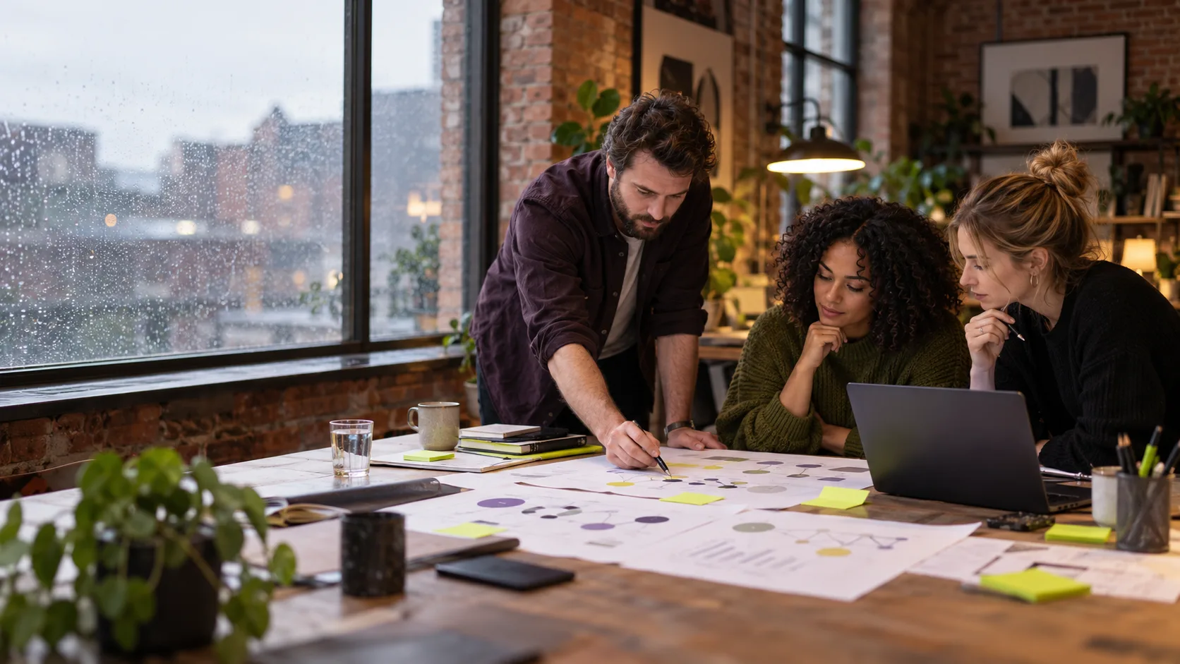 Three SEO specialists review search journey diagrams in a rainy UK studio